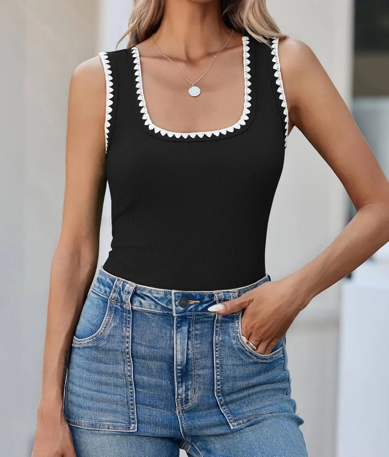Yousify Womens Square Neck Tank Tops 2025 Summer Sleeveless Shirts Casual Slim Fitted Color Block Ribbed Tanks