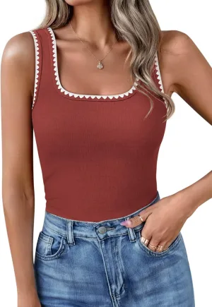 Yousify Womens Square Neck Tank Tops 2025 Summer Sleeveless Shirts Casual Slim Fitted Color Block Ribbed Tanks