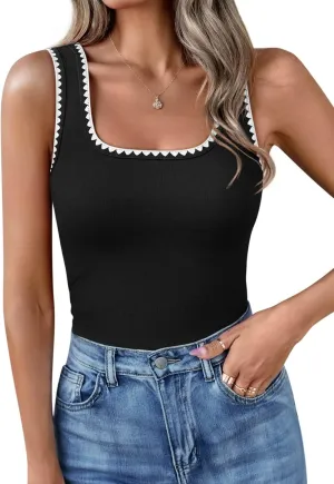 Yousify Womens Square Neck Tank Tops 2025 Summer Sleeveless Shirts Casual Slim Fitted Color Block Ribbed Tanks