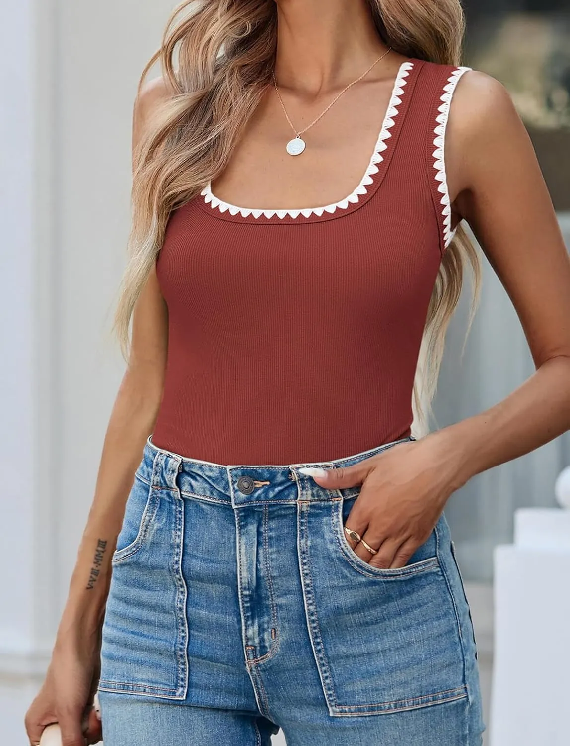 Yousify Womens Square Neck Tank Tops 2025 Summer Sleeveless Shirts Casual Slim Fitted Color Block Ribbed Tanks