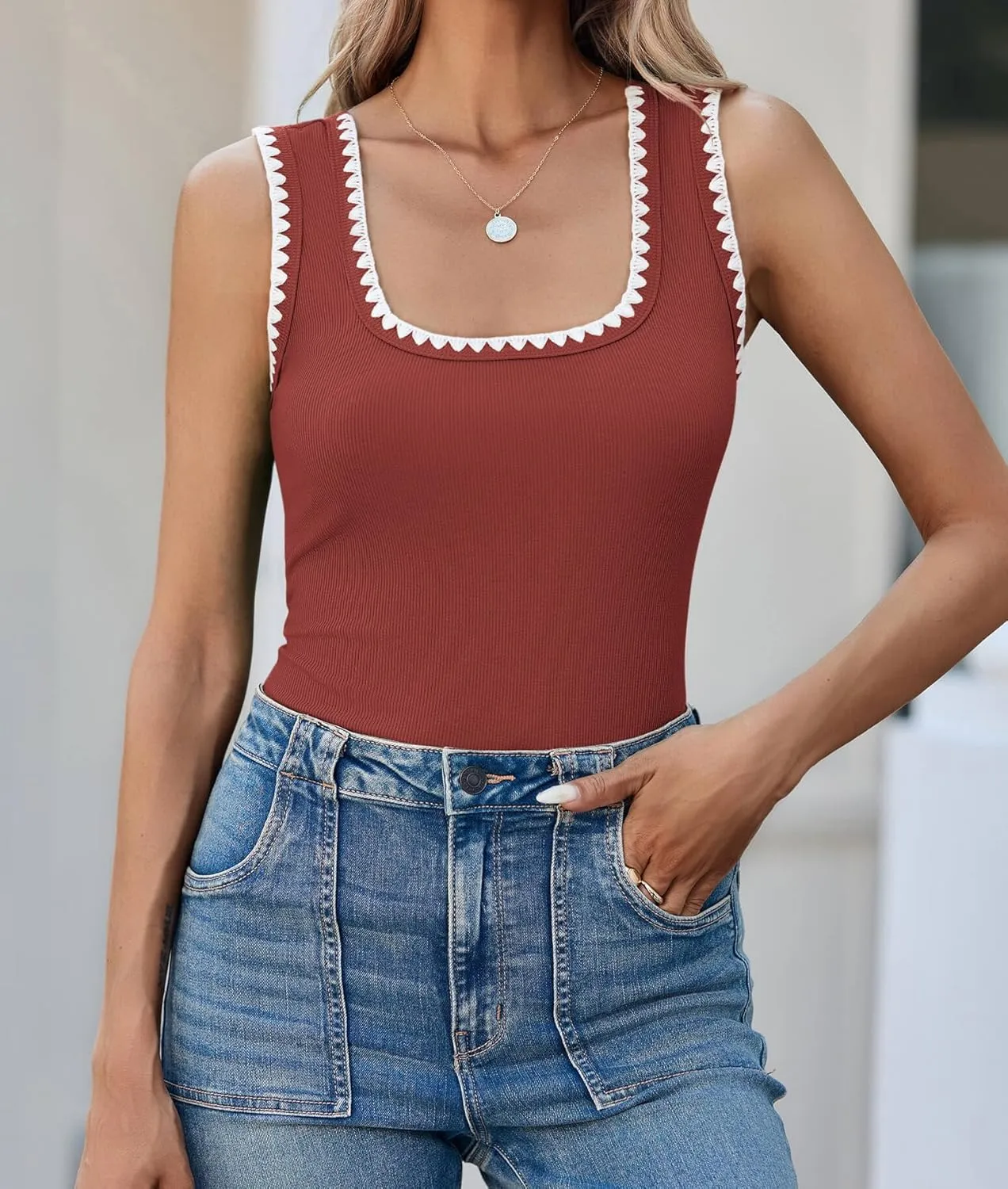 Yousify Womens Square Neck Tank Tops 2025 Summer Sleeveless Shirts Casual Slim Fitted Color Block Ribbed Tanks