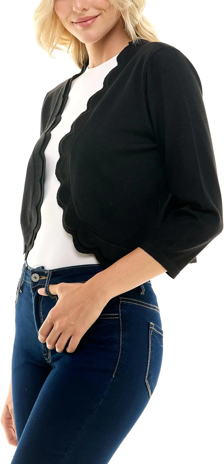 Zac & Rachel Women's 3/4 Sleeve Open Faced Shrug with Tiered Scallop Details