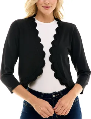 Zac & Rachel Women's 3/4 Sleeve Open Faced Shrug with Tiered Scallop Details