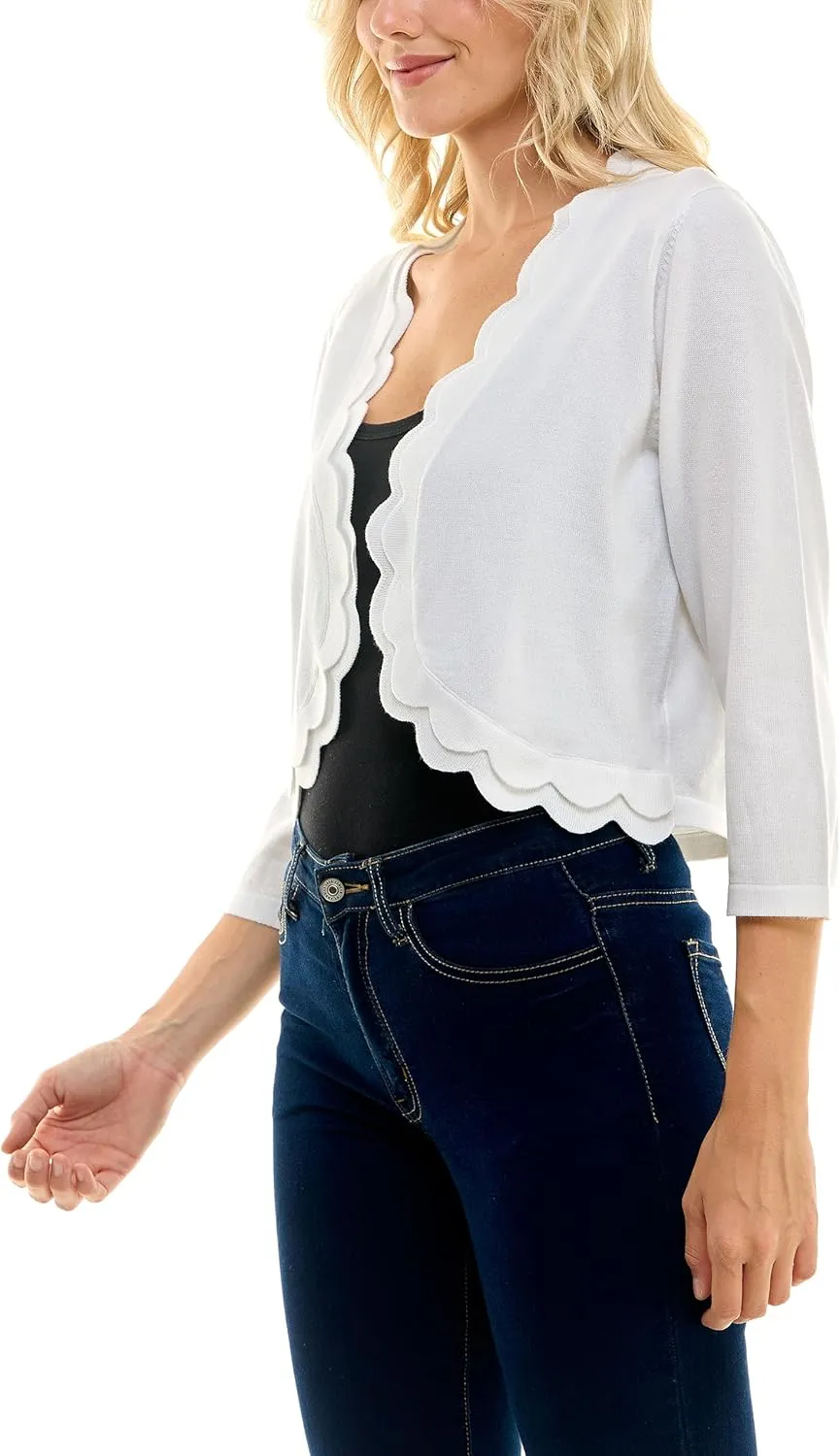 Zac & Rachel Women's 3/4 Sleeve Open Faced Shrug with Tiered Scallop Details