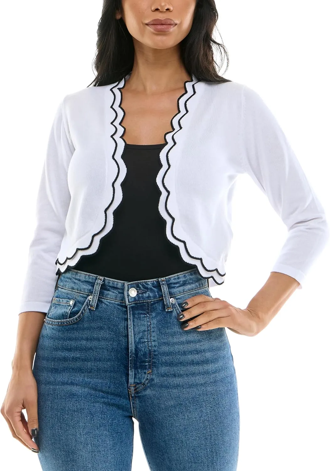 Zac & Rachel Women's 3/4 Sleeve Open Faced Shrug with Tiered Scallop Details
