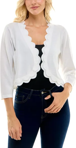 Zac & Rachel Women's 3/4 Sleeve Open Faced Shrug with Tiered Scallop Details