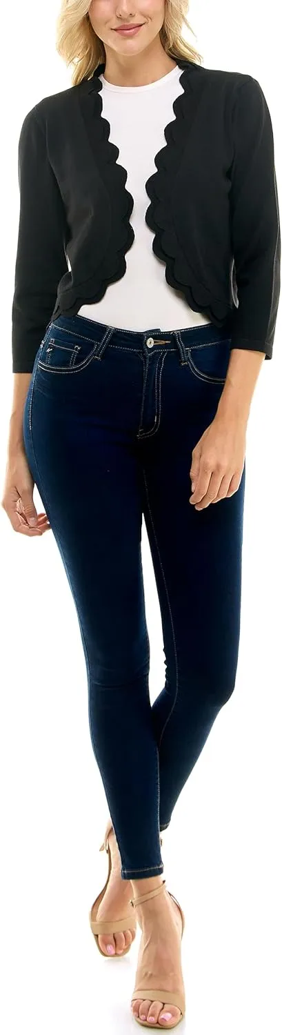 Zac & Rachel Women's 3/4 Sleeve Open Faced Shrug with Tiered Scallop Details
