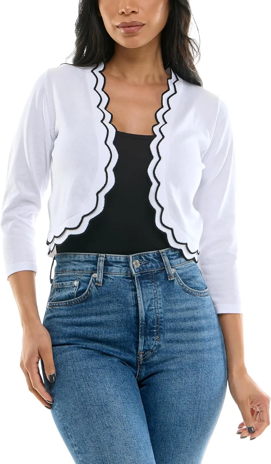 Zac & Rachel Women's 3/4 Sleeve Open Faced Shrug with Tiered Scallop Details