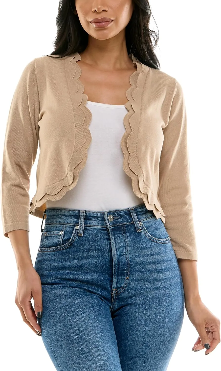 Zac & Rachel Women's 3/4 Sleeve Open Faced Shrug with Tiered Scallop Details