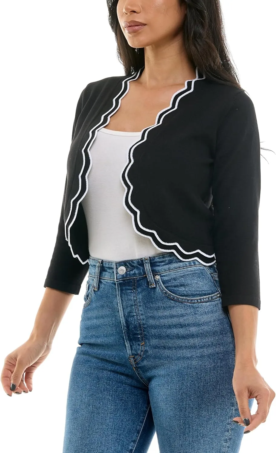 Zac & Rachel Women's 3/4 Sleeve Open Faced Shrug with Tiered Scallop Details