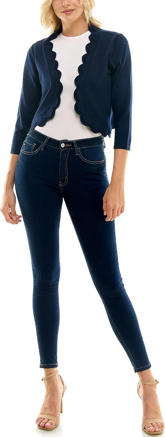 Zac & Rachel Women's 3/4 Sleeve Open Faced Shrug with Tiered Scallop Details