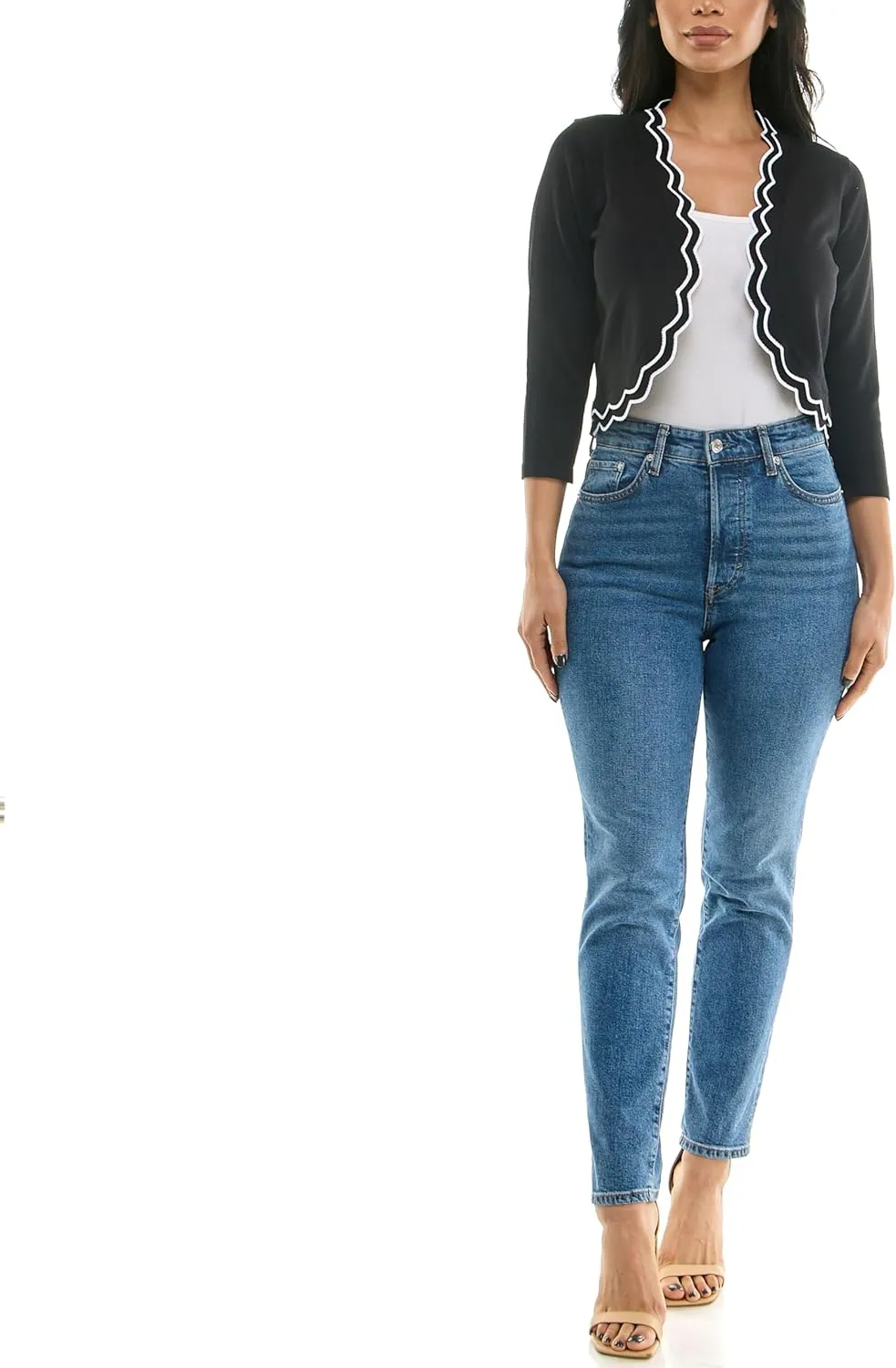 Zac & Rachel Women's 3/4 Sleeve Open Faced Shrug with Tiered Scallop Details